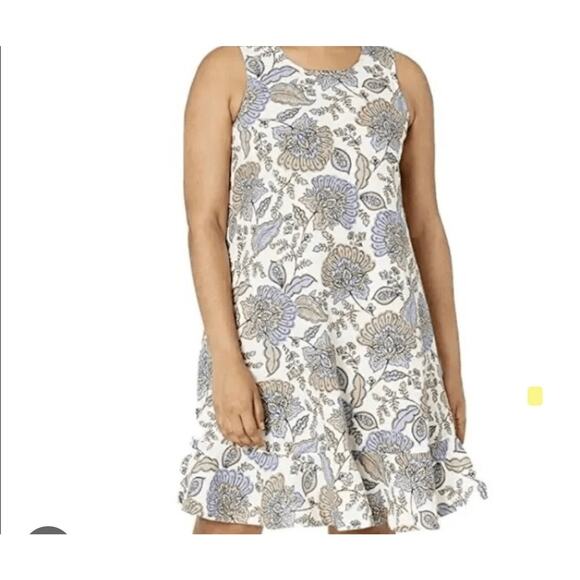 NWT TOMMY HILFIGER LINEN WOMENS DRESS SZ 12 FLORAL RUFFLE SKIRT LARGE BLUE BEIGE - Picture 1 of 10